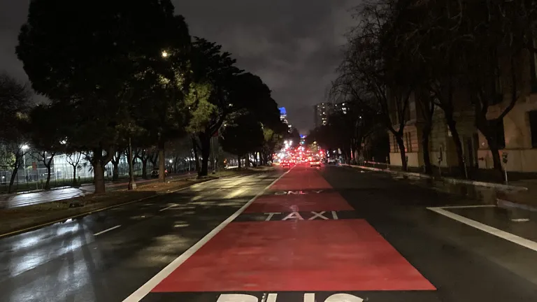 A bus-only lane at night in San Francisco.