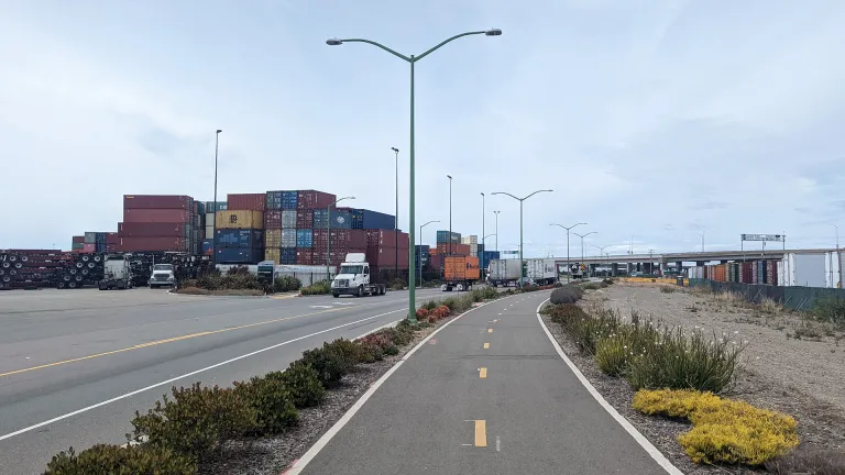 A separated bike path near the Port of Oakland in West Oakland.