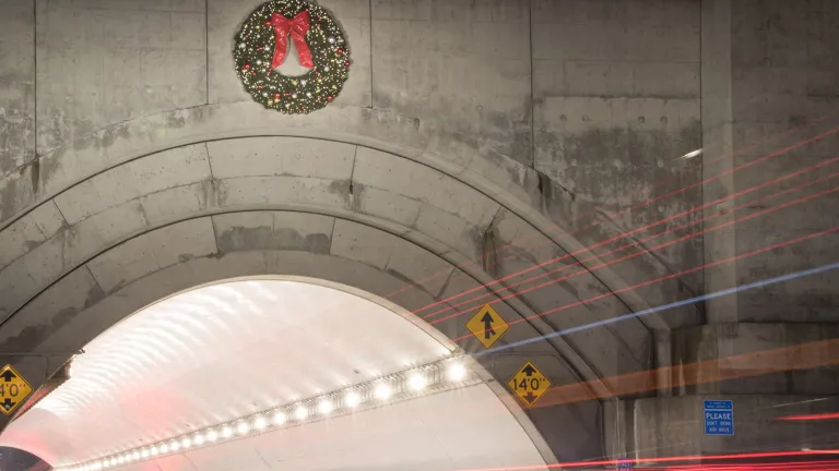 The holiday wreath hung on the Yerba Buena Tunnel on the San Francisco-Oakland Bay Bridge