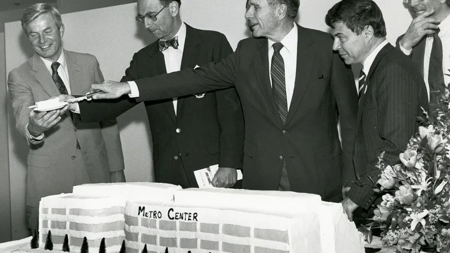  April 1984 MetroCenter opening celebration. Left to right: MTC Executive Director Lawrence D. Dahms, MTC Chair Quentin Kopp, ABAG President and MTC Commissioner Joseph P. Bort, ABAG Executive Director Revan Tranter and BART General Manager Keith Bernard.