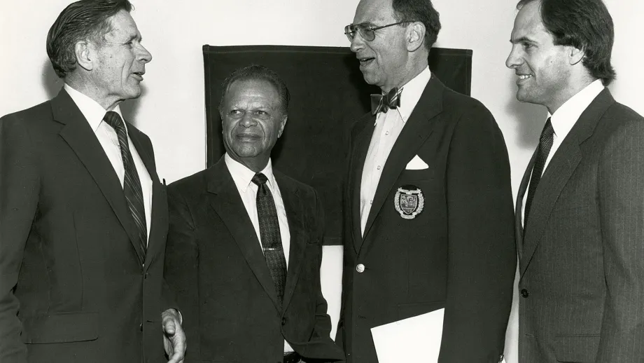 (Left to right) ABAG President and MTC Commissioner Joseph P. Bort, Oakland Mayor Lionel Wilson, MTC Chair Quentin Kopp, and BART Board President Arthur Shartsis converse at the MetroCenter’s opening ceremony in April 1984.