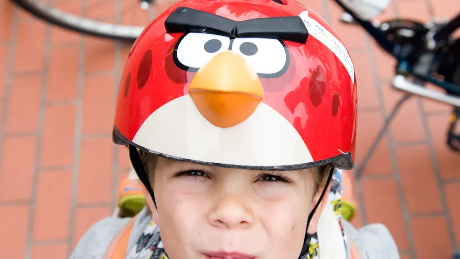 Myles Viera of Berkeley gives his best Angry Birds expression, with a helmet to match.