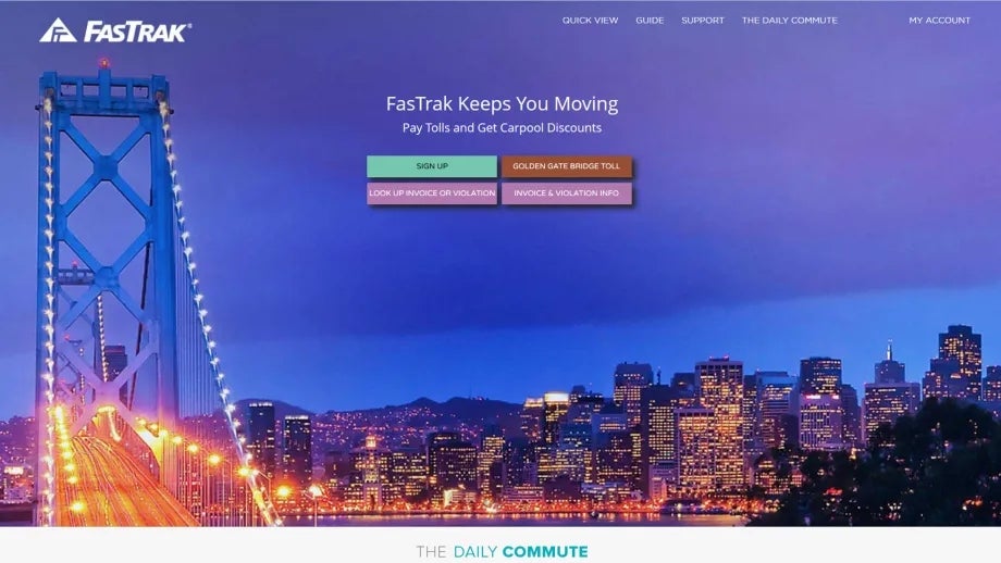 landing page of FasTrak website, blue sky at sunset with Bay Bridge on the left